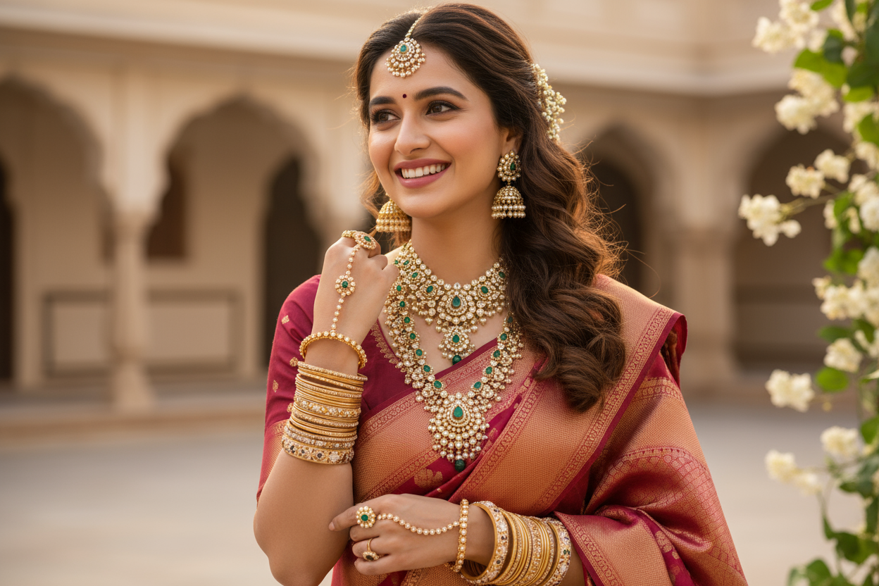 a female model wearing indian jewellery with joy