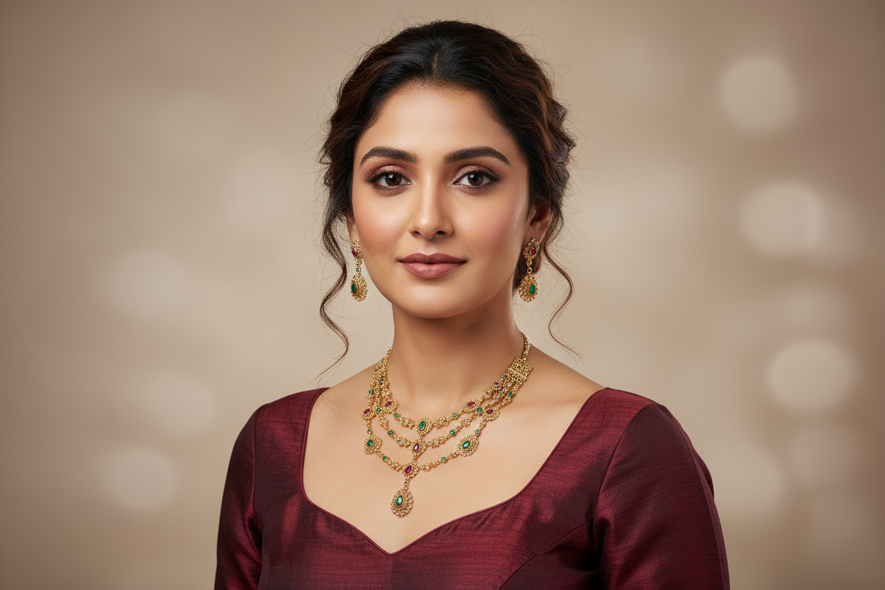 chain with matching earring were by an indian female model